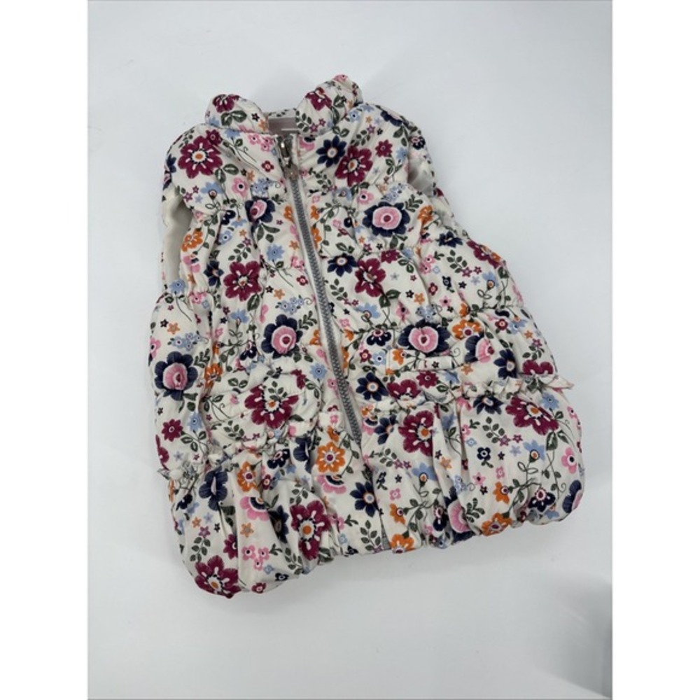 Flapdoodles Puffer Vest Girls Size 4 Cream Floral Zip Front Boho Winter